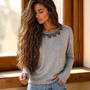 Lauren Ralph Lauren Gray Embellished Jewel Sweater L Lightweight Beaded Knit Top